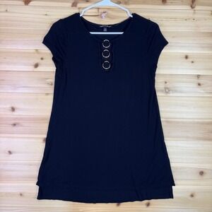 Cable and Gauge Blouse Womens Medium Black with Gold Grommet Neck Short Sleeve